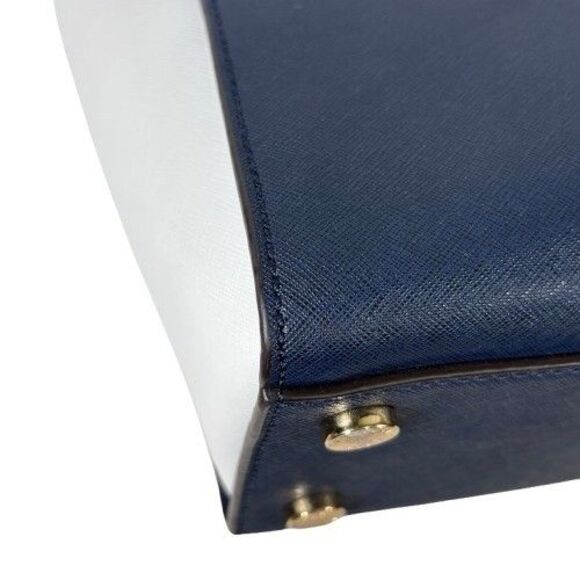 Michael Kors Selma Saffiano Leather Satchel Shoulder Bag Tricolor Navy White Tan - Picture 13 of 16